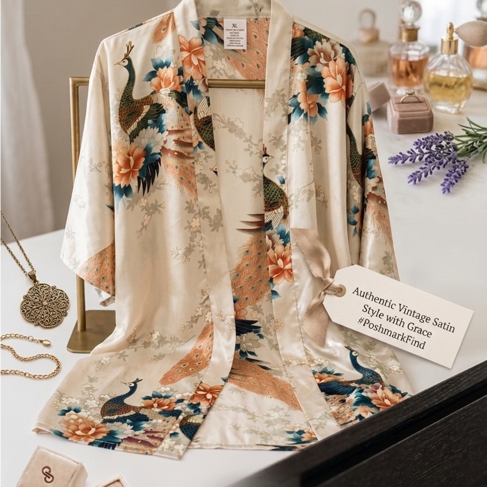 Silk-Feel Floral Peacock Kimono Robe in Light Silver